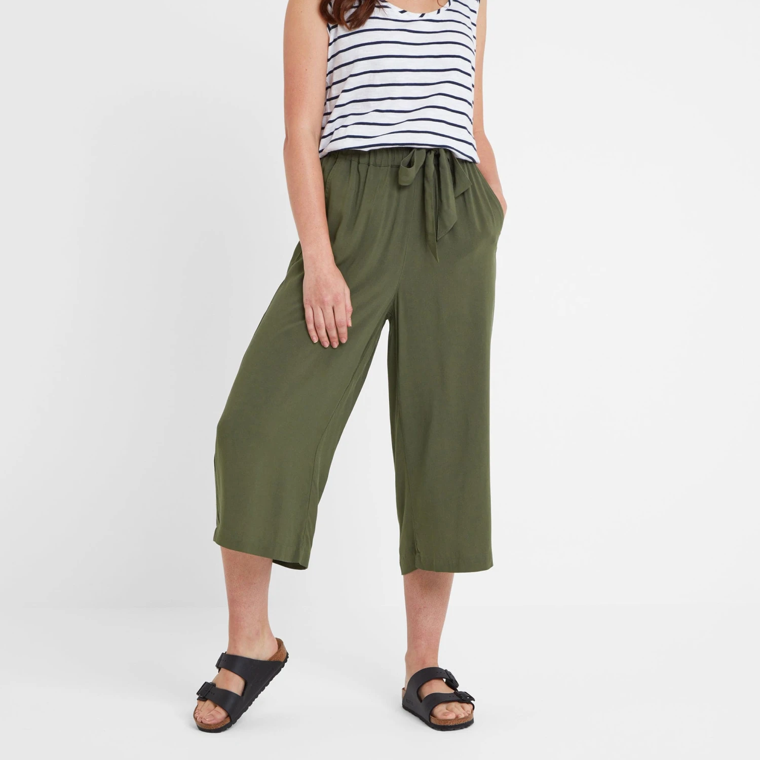 Cassie Womens Wide Leg Cropped Trousers - Khaki - Image 3