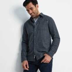 Conway Mens Flannel Check Long Sleeve Shirt - Dark Indigo/Washed Blue Check