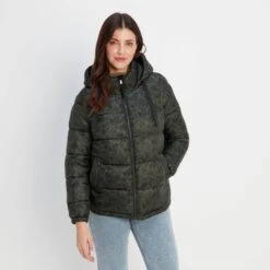 Gilly Womens Short Padded Jacket - Washed Black Scribble Floral