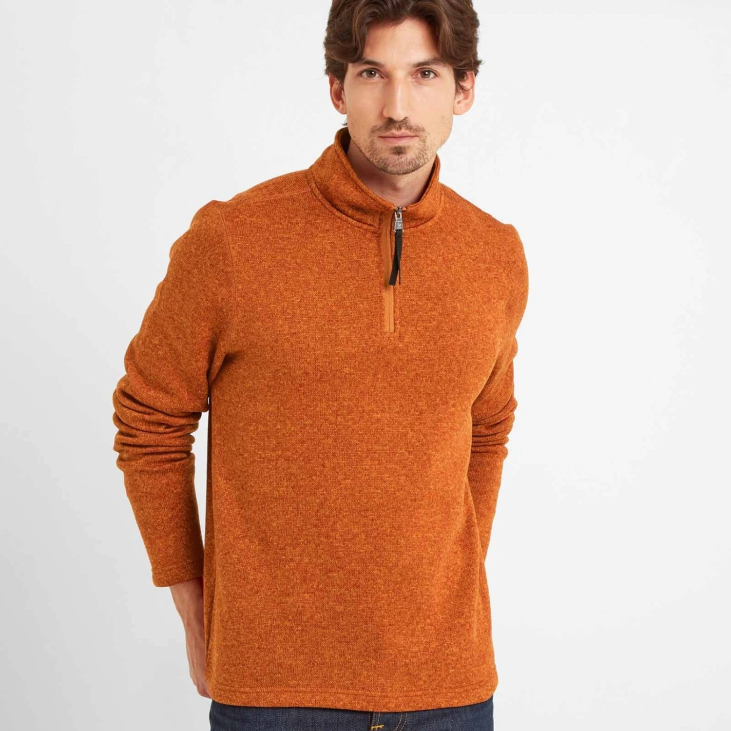 Pearson Mens Knitlook Quarter Zip Fleece - Dark Orange Marl - Image 2