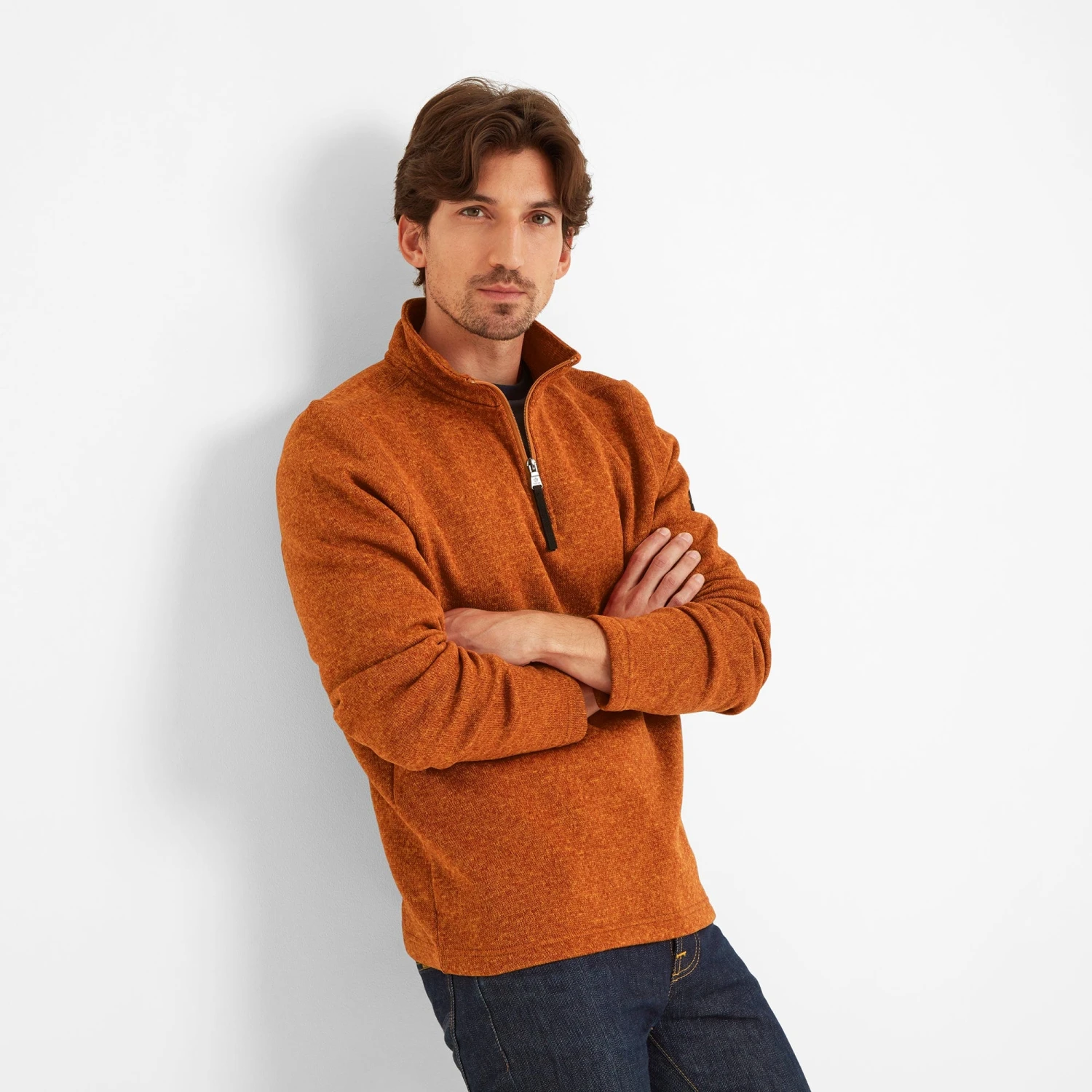 Pearson Mens Knitlook Quarter Zip Fleece - Dark Orange Marl - Image 7